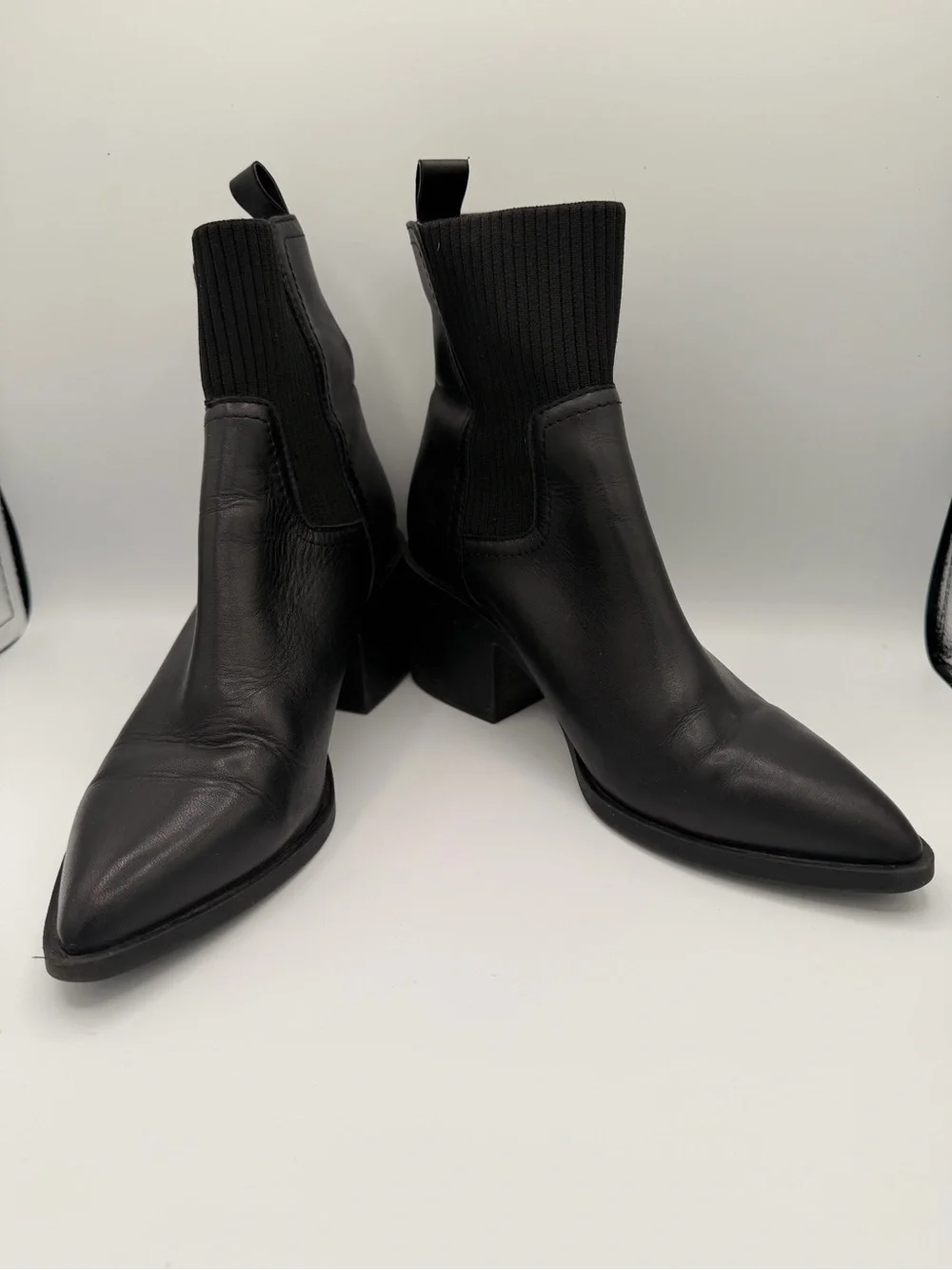 Steve Madden Black Pointed Sock Booties with Block Heel